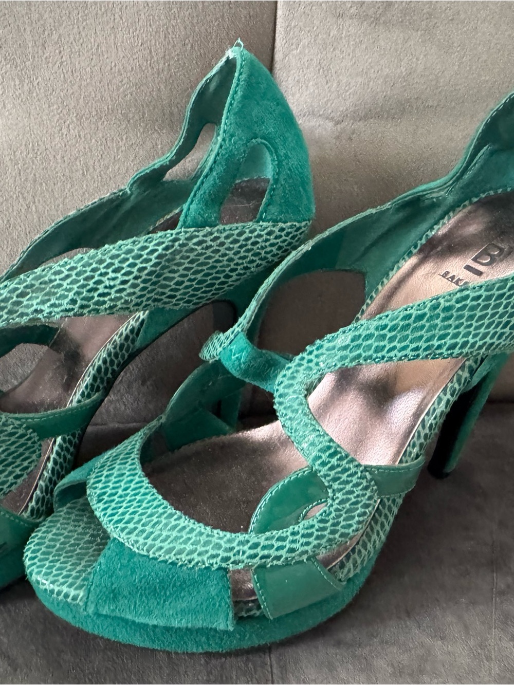 Bakers Teal Green Suede & Snake-Print Strappy High Heels